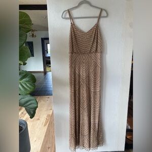 Adrianna Papell Art Deco Beaded Blouson Gown Taupe Beige Tan Bridesmaid BHLDN